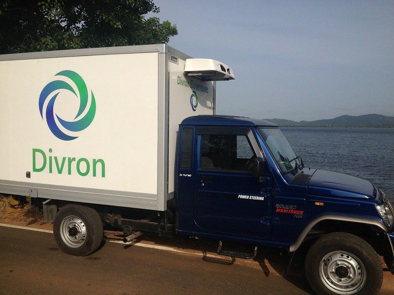 A Divron reefer truck with its refrigeration unit, parked beside the reservoir